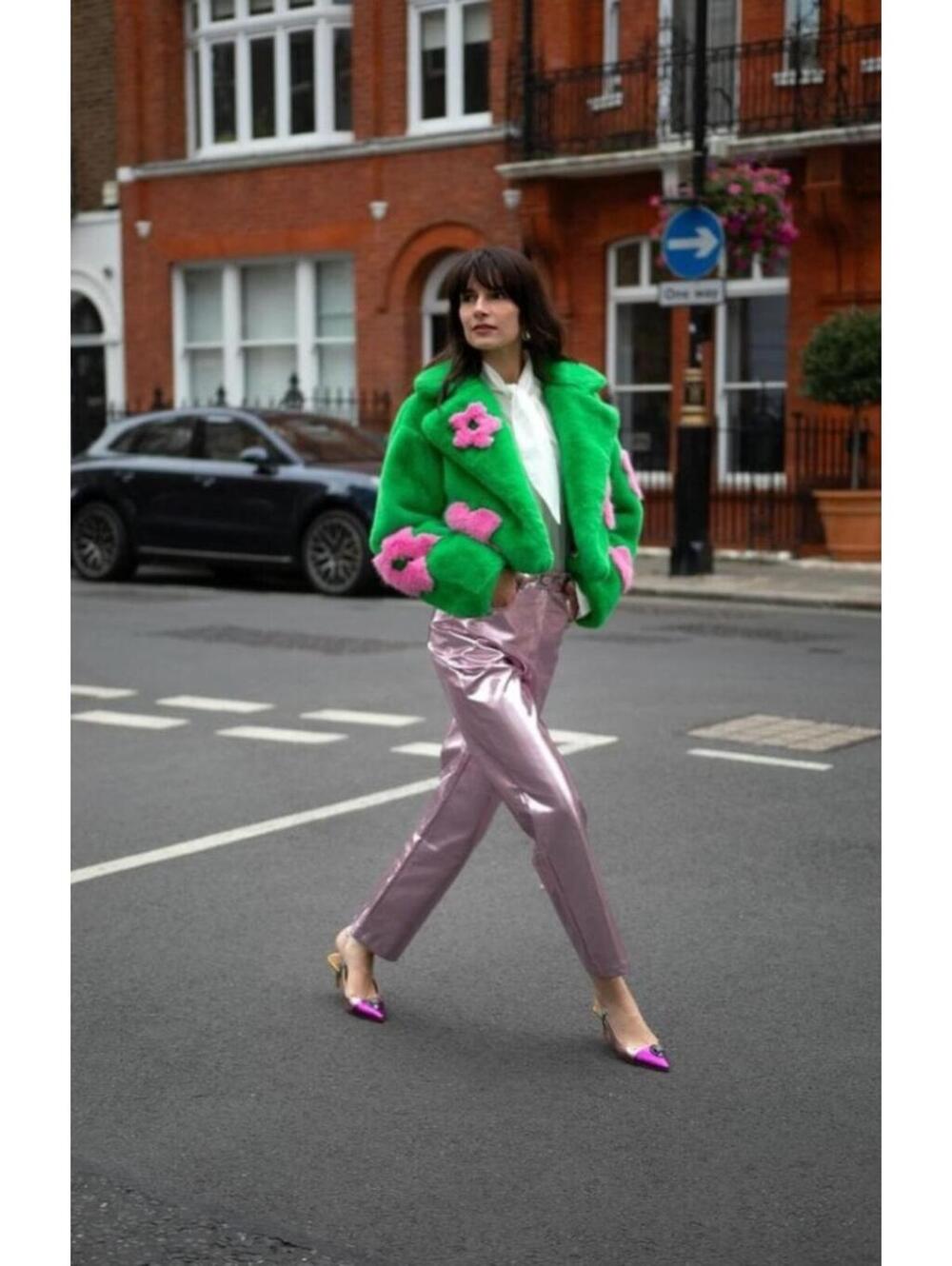 JAYLEY Eco Bamboo Faux Fur Jacket Green & Pink Flowers Retro Mod Size S/M